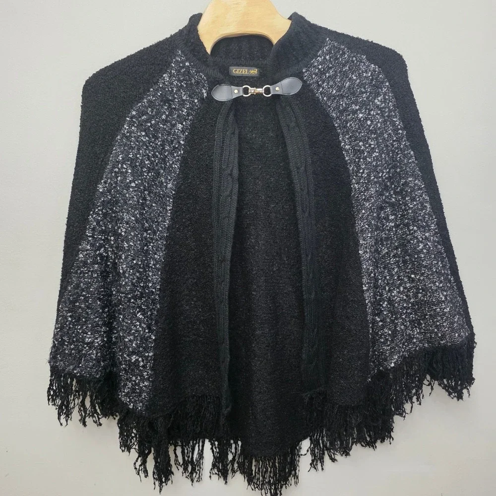 GIZEL Black Textured Knit Fringe Poncho Cape Cardigan Coat Warm‎